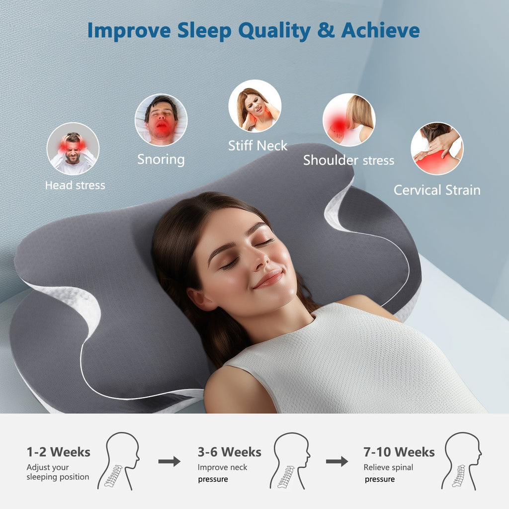 Memory Foam Neck Pillow for Neck and Shoulder Support, Cooling Silk Case - Gray