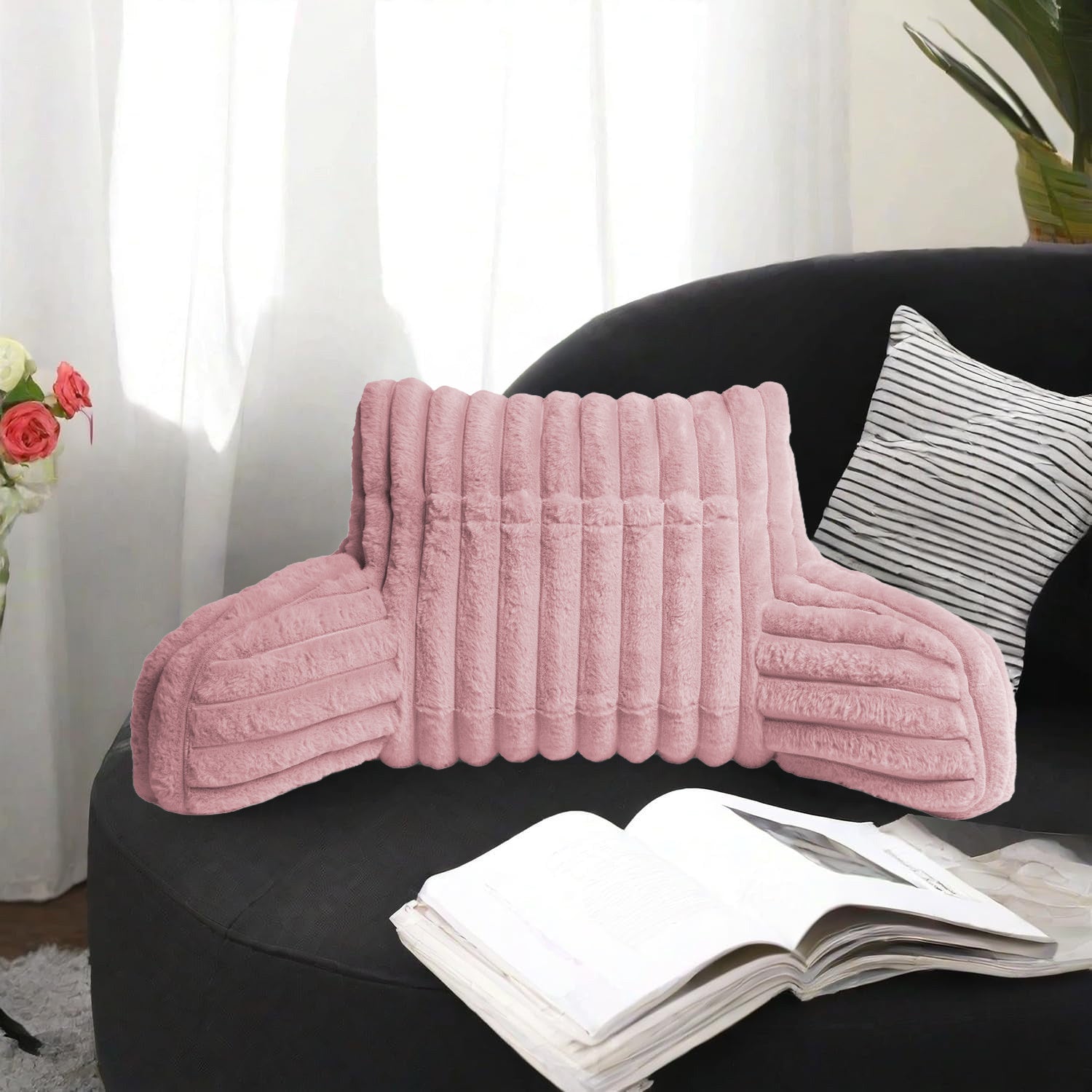 Cuddle Cushion - Faux Fur Ribbed Reading Chair Pillow with Arms for Sofa, Gaming & Relaxing Comfort