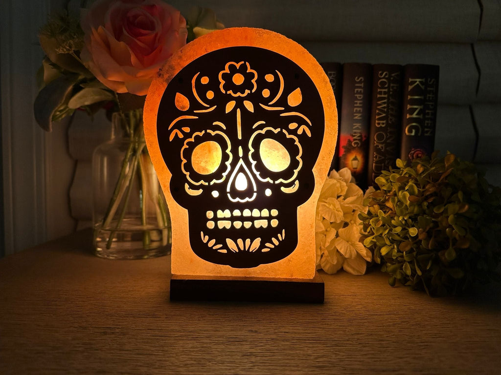 Decorative Himalayan Salt Lamp - Unique Sugar Skull Design for Home Decor & Wellness